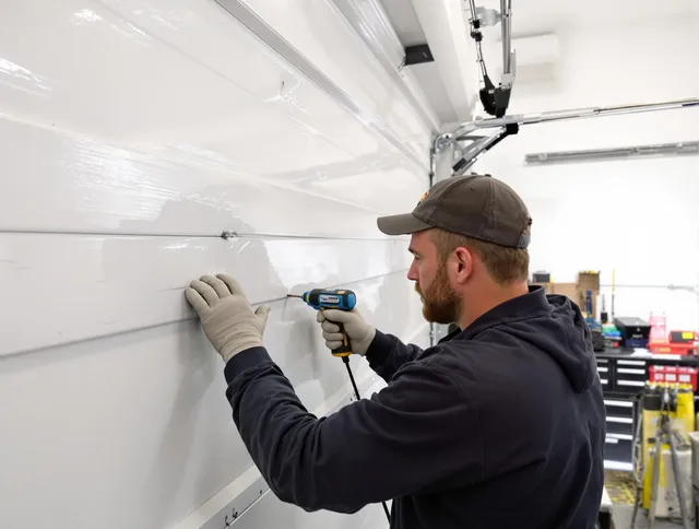 The Hammocks Garage Door Repair technician demonstrating precision dent removal techniques on a The Hammocks garage door